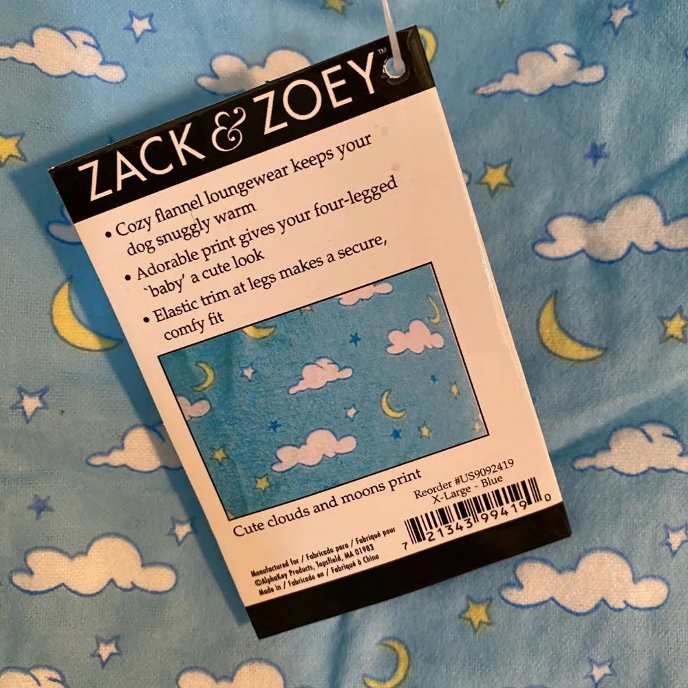 NWT Zack & Zoey Dog Pajamas XL Blue Cloud Moon Print Flannel Pet Jumper